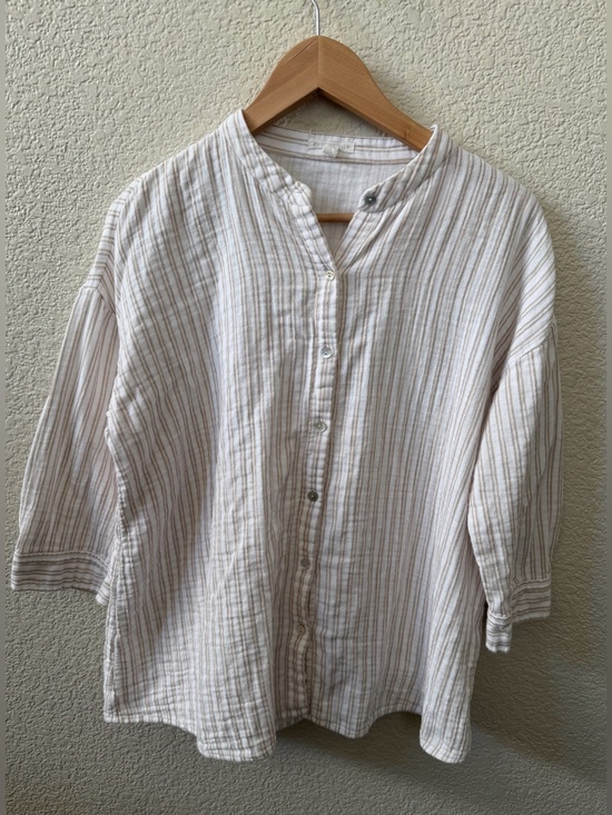 Eileen Fisher Tops - Eileen Fisher (M) Organic Cotton Mandarin Collar 3/4 sleeve Neutral Oat Stripe